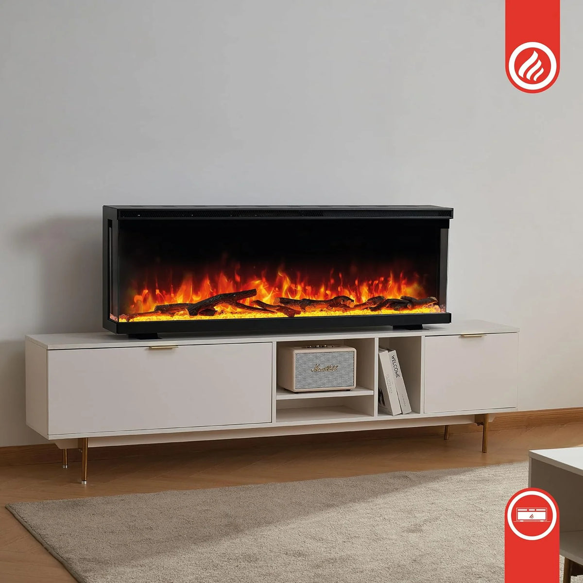 KAMINIO Kominek elektryczny LEA - Elektryczny kominek 3-w-1 z panoramicznym widokiem, ogrzewaniem, efektem 3D płomieni, 12 kolorami płomieni (36 cali)
