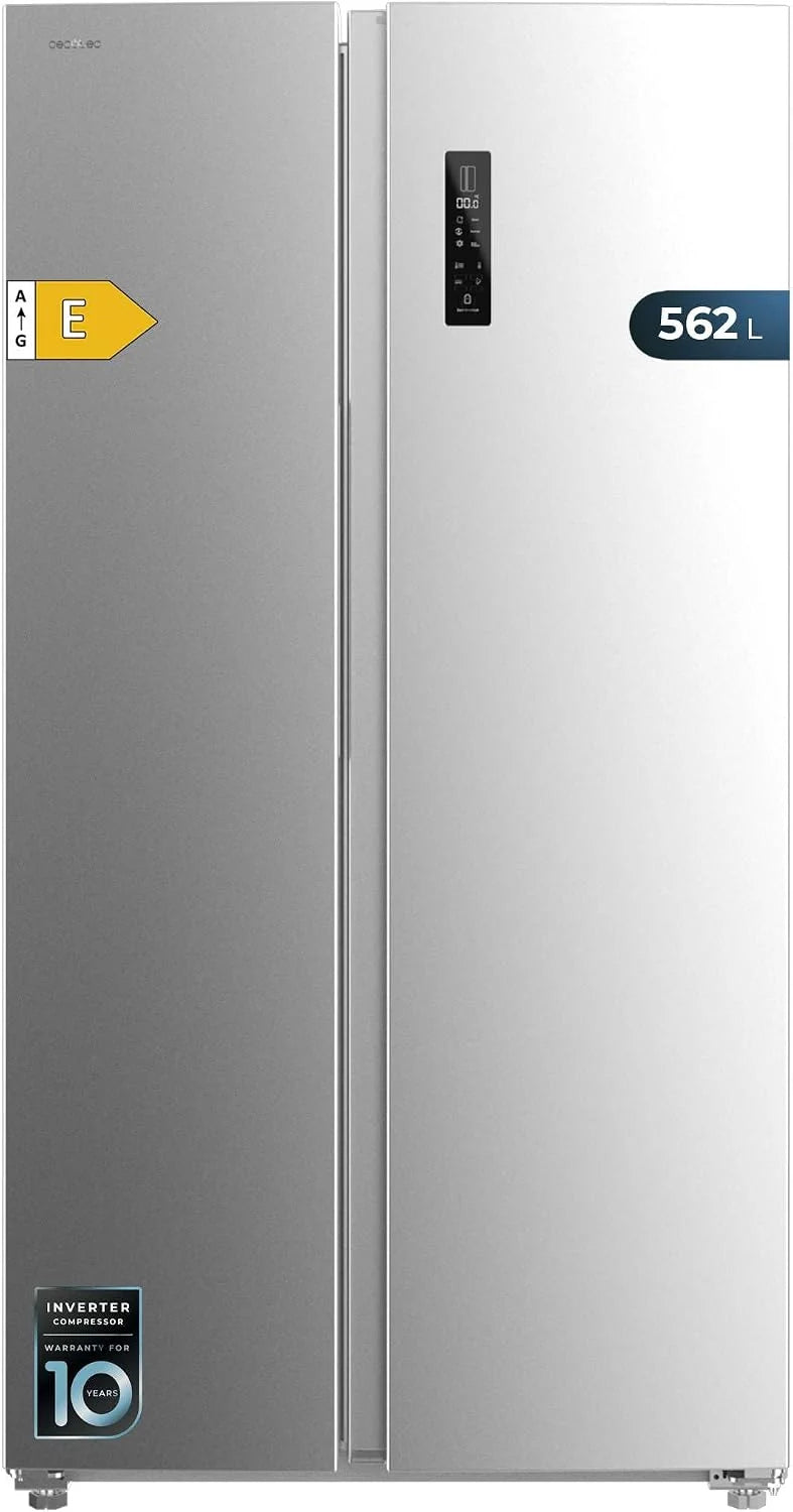 Cecotec Amerykańska lodówka Side By Side - 562 l - Bolero CoolMarket SBS 562 Inox E. 177 x 91,2 cm, kompresor Inverter Plus, niskie zużycie, No Frost, Multiairflow, szybkie chłodzenie, stal nierdzewna