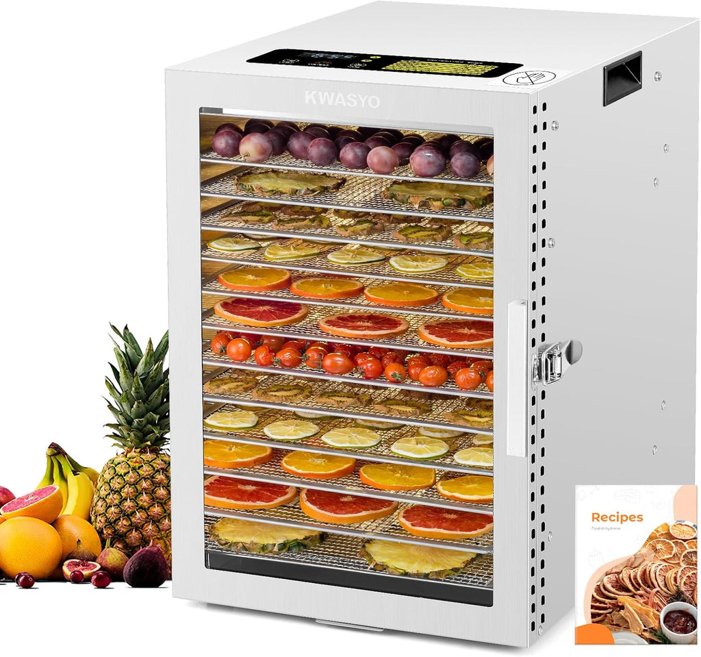 Kwasyo Suszarka do żywności ze stali nierdzewnej, wydajny podwójny wentylator suszący 360°, 12 garnków, 24 godziny timer, regulacja temperatury 20-90°C