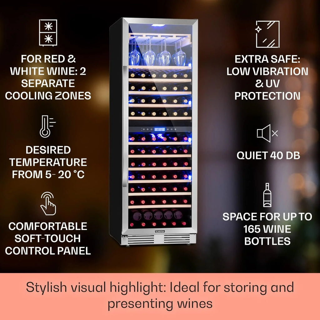 Klarstein Vinovilla Chłodziarka do wina do zabudowy, 433 l, dwustrefowa, na wino, prosecco i piwo, szklane drzwi, ochrona UV, panel dotykowy, 47 dB, 165 butelek