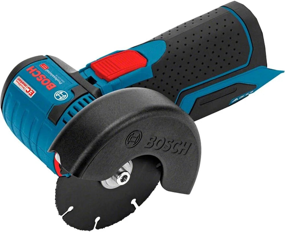 Bosch Professional system 12V: akumulatorowa szlifierka kątowa GWS 12V-76 (1 tarcza tnąca z węglików spiekanych, 2 tarcze tnące Inox, osłona)
