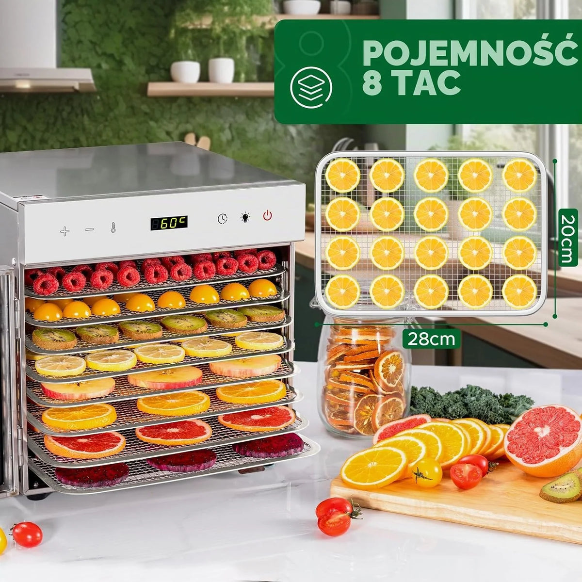 Kwasyo Suszarka ze stali nierdzewnej, 8 poziomów z 6 foliami do suszenia, książka z przepisami, nie zawiera BPA, regulacja temperatury 30-90°C, maks. 24 godziny, suszarka do warzyw, mięsa, owoców