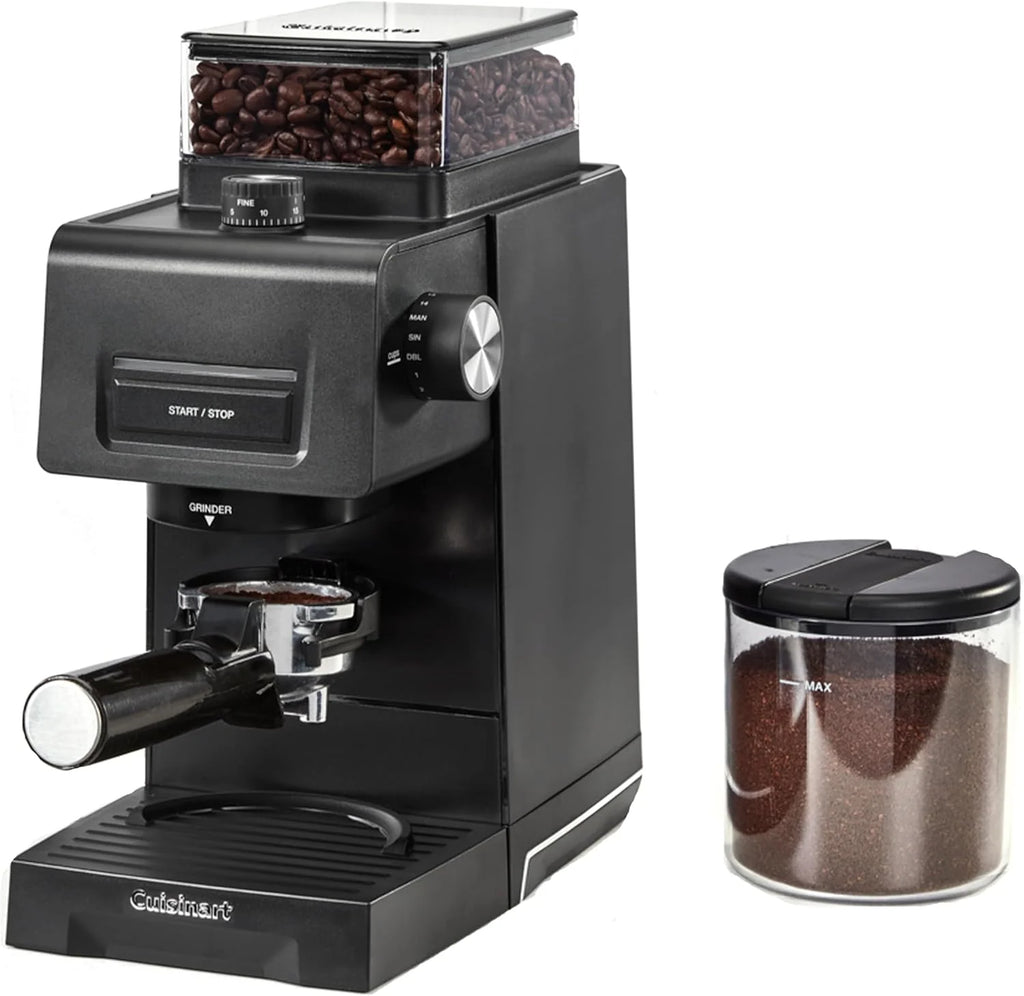 Cuisinart stożkowy młynek do kawy do espresso i kawy; 35 ustawień; zbiornik na ziarna 225 g z silikonową pokrywą; kompatybilny z portafiltrem; w zestawie łyżka i szczotka do czyszczenia