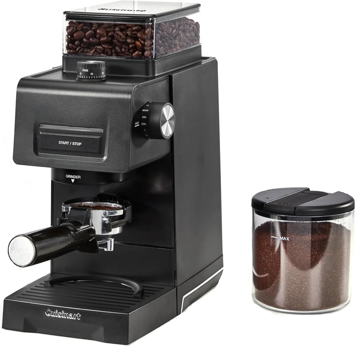 Cuisinart stożkowy młynek do kawy do espresso i kawy; 35 ustawień; zbiornik na ziarna 225 g z silikonową pokrywą; kompatybilny z portafiltrem; w zestawie łyżka i szczotka do czyszczenia