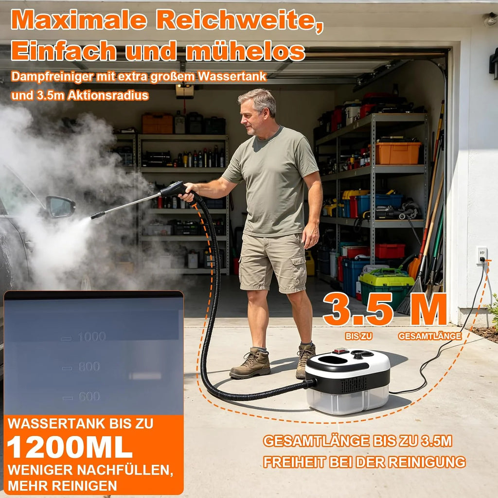 Myjka parowa, 2500 W, wielofunkcyjna, ręczna myjka parowa z 6 prędkościami regulacji, 8 rodzajów dysz, 1250 ml