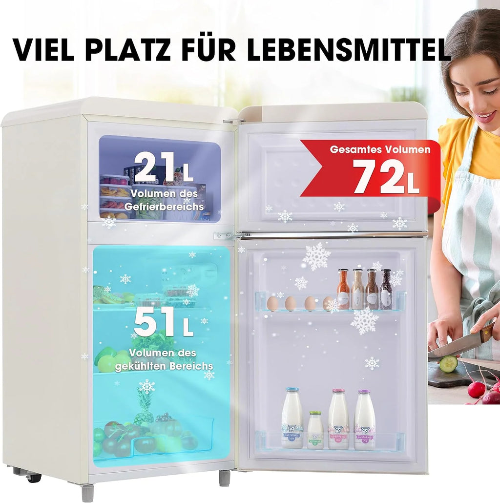 Lodówka w stylu retro, model z podwójnymi drzwiami, pojemność lodówki 51 litrów, zamrażarka 21 litrów, zużycie energii 120 kWh/rok, oświetlenie LED, kompaktowa i energooszczędna White