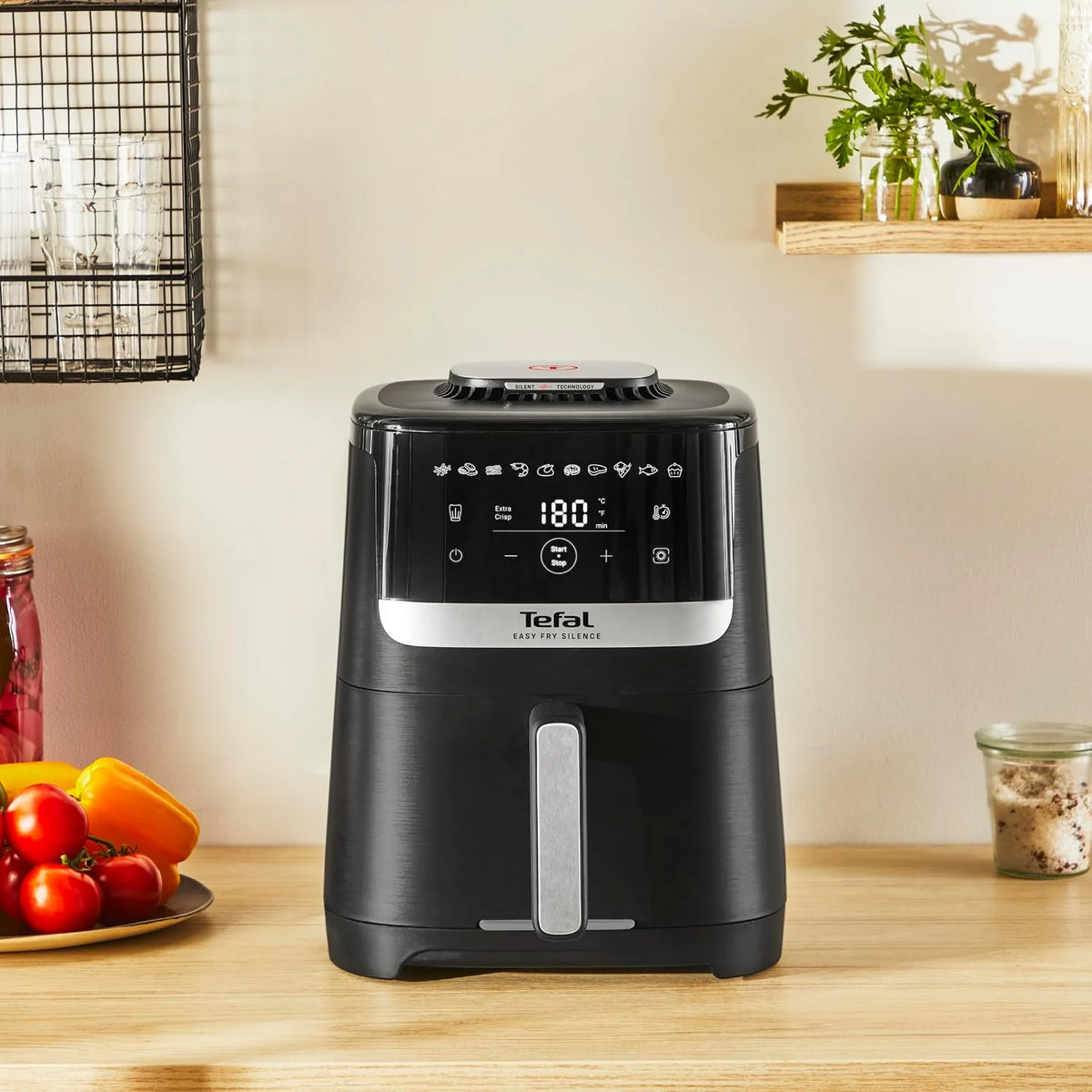 TEFAL EY5528 Frytkownica beztłuszczowa Easy Fry Silence cicha praca, 1670W, 10 programów, pojemność 5l, 99% mniej tłuszczu, Extra Crisp, odpinany uchwyt misy, łatwe czyszczenie, 40-220°C, czarna