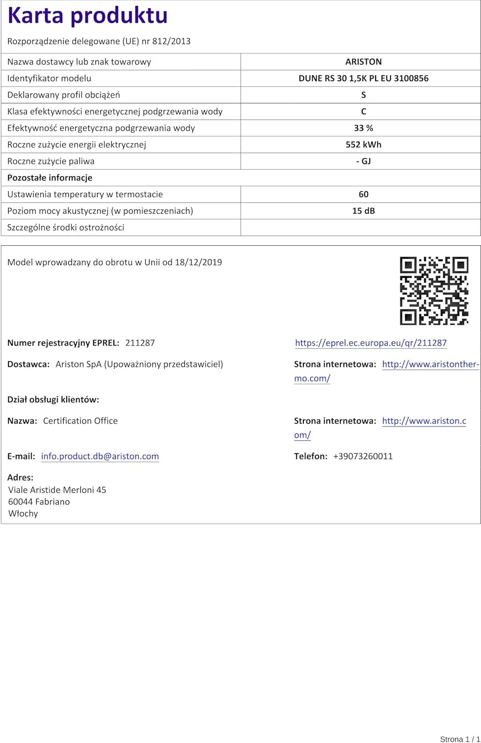 Ariston Dune RS 30 Litrów 3100856 Nad Umywalkowy Podgrzewacz Wody Bojler Elektryczny. Przeznaczony do instalacji w Polsce