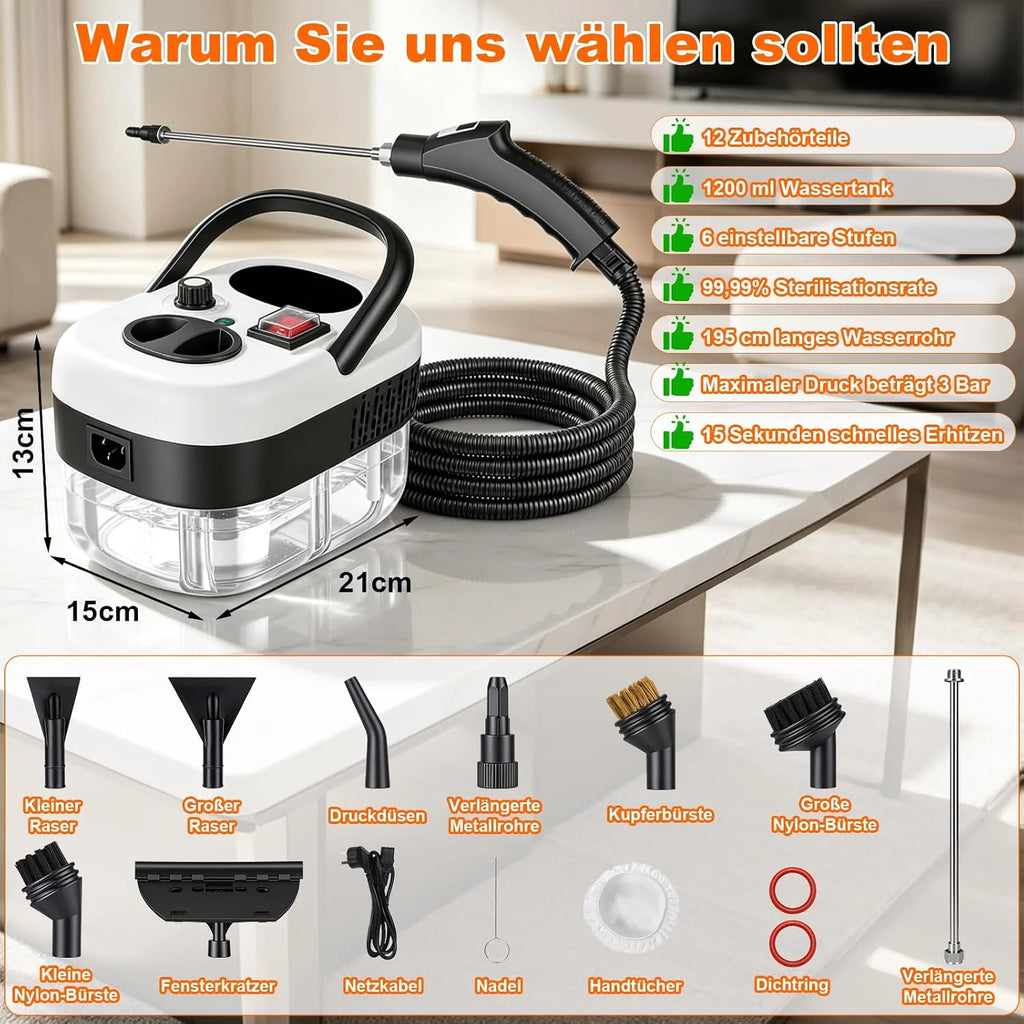 Myjka parowa, 2500 W, wielofunkcyjna, ręczna myjka parowa z 6 prędkościami regulacji, 8 rodzajów dysz, 1250 ml