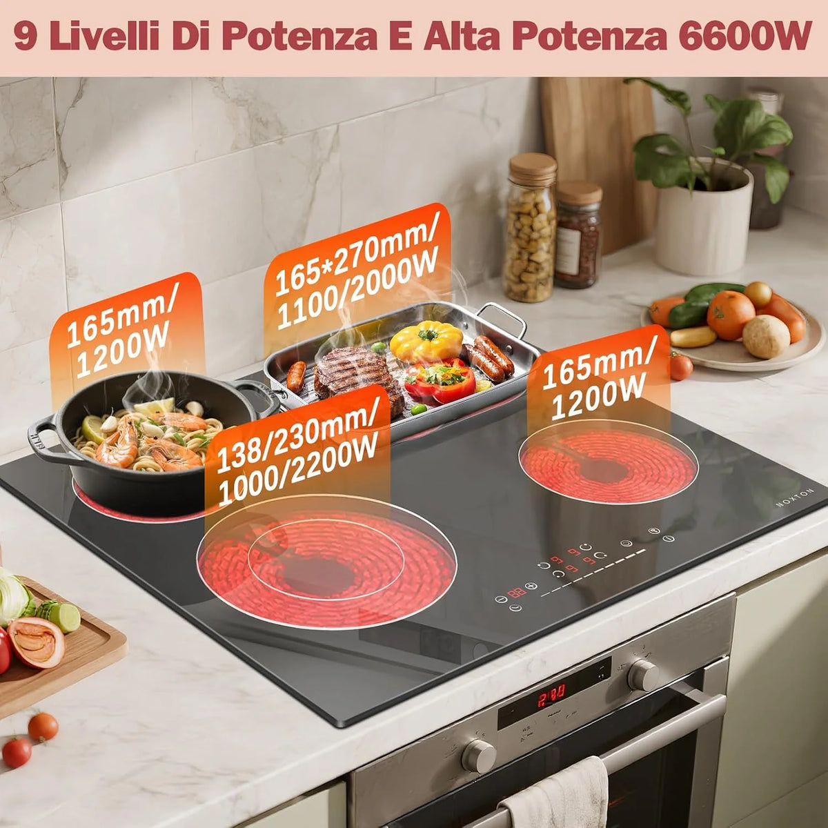 NOXTON Płyta grzewcza ze szkła ceramicznego, 4 płyty do zabudowy, płyta ceramiczna 60 cm, 6600 W