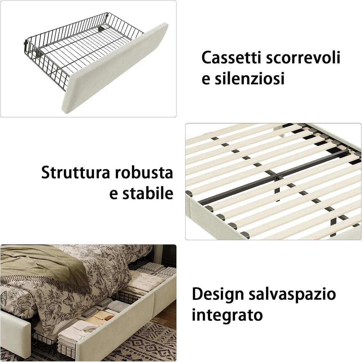 Łóżko podwójne 160 x 200 cm z 4 szufladami, rama łóżka z diodami LED i USB, łóżko tapicerowane z zagłówkiem z otwartą półką, beżowe