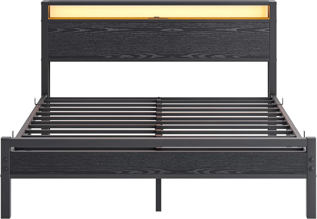 Rama łóżka ze stacją ładującą, oświetlenie LED, podwójne łóżko dla gości, metalowe łóżko 160 x 200 cm, rama łóżka z metalu, łóżko młodzieżowe ze stelażem lamelowym, zagłówek w kolorze czarnym