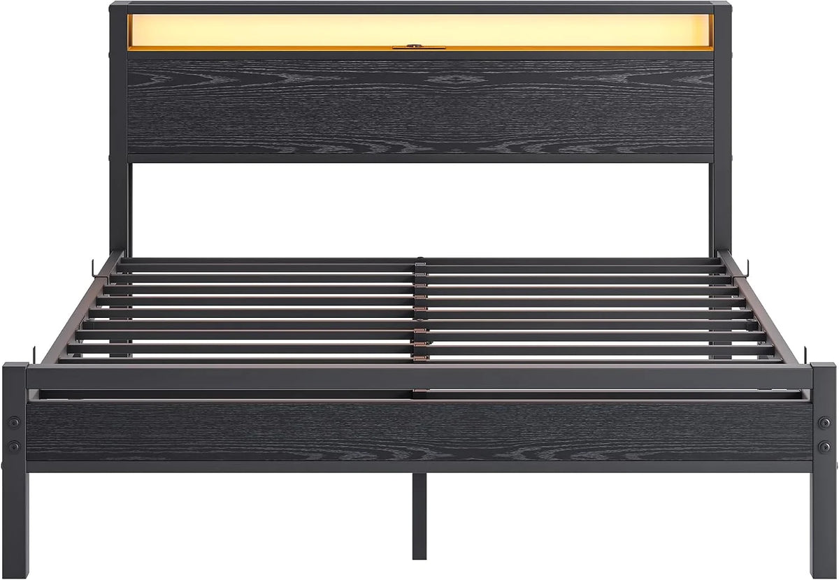 Rama łóżka ze stacją ładującą, oświetlenie LED, podwójne łóżko dla gości, metalowe łóżko 160 x 200 cm, rama łóżka z metalu, łóżko młodzieżowe ze stelażem lamelowym, zagłówek w kolorze czarnym
