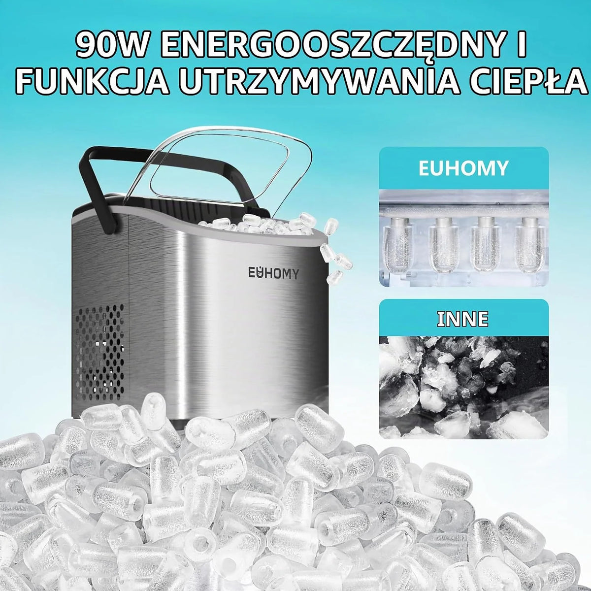 EUHOMY Kostkarka do lodu, 9 Kostek w 6 Minut, 12 kg/24 h, Maszyna do Kostek Lodu ze Stali Nierdzewnej z Przenośną Rękojeścią, Samoczyszczące Kompaktowe Maszyny do Lodu do Domu/Kuchni/Biura/Baru