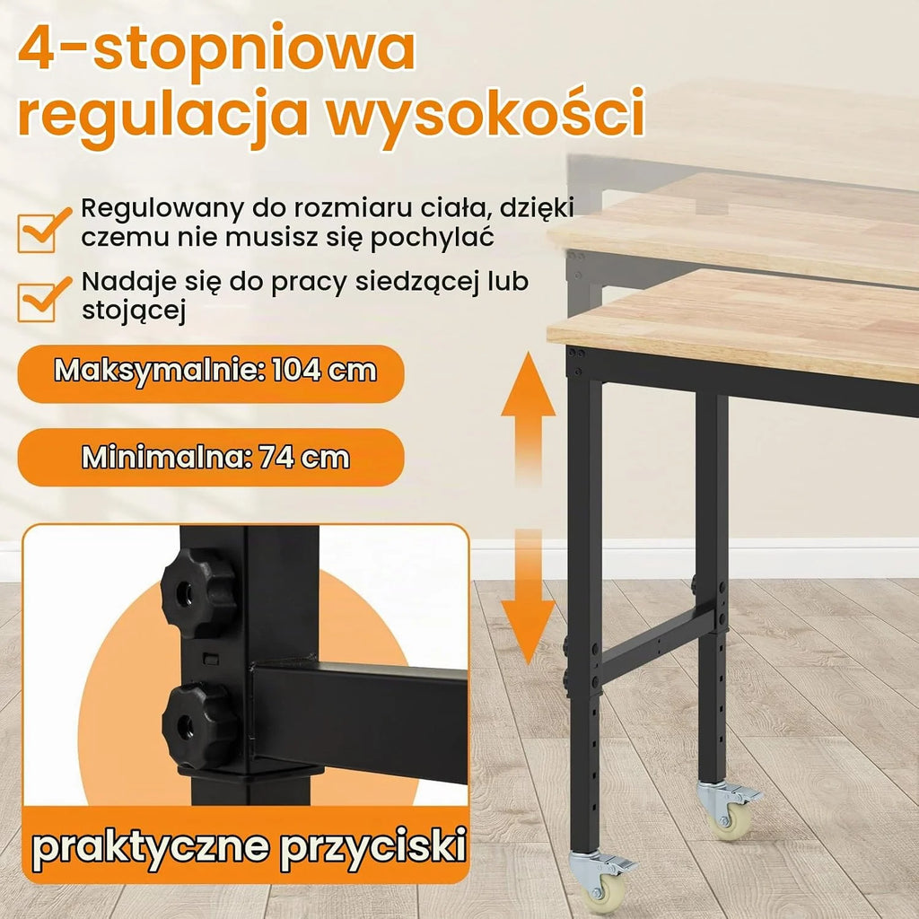 COSTWAY Regulowany stół warsztatowy na kółkach, stół roboczy z drewna gumowego z 2 płytkami perforowanymi i metalową ramą, udźwig 1100 kg, stół warsztatowy, stół narzędziowy o powierzchni roboczej 122