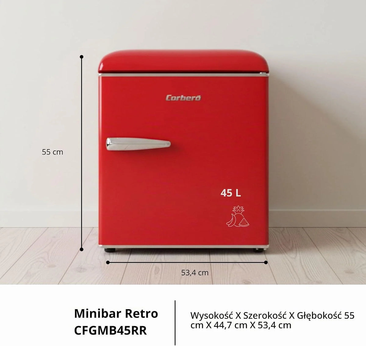 Corberó - lodówka retro statyczna | CF1PG45RR | 45L | 55 cm | oświetlenie wewnętrzne | nogi poziomujące | czerwony