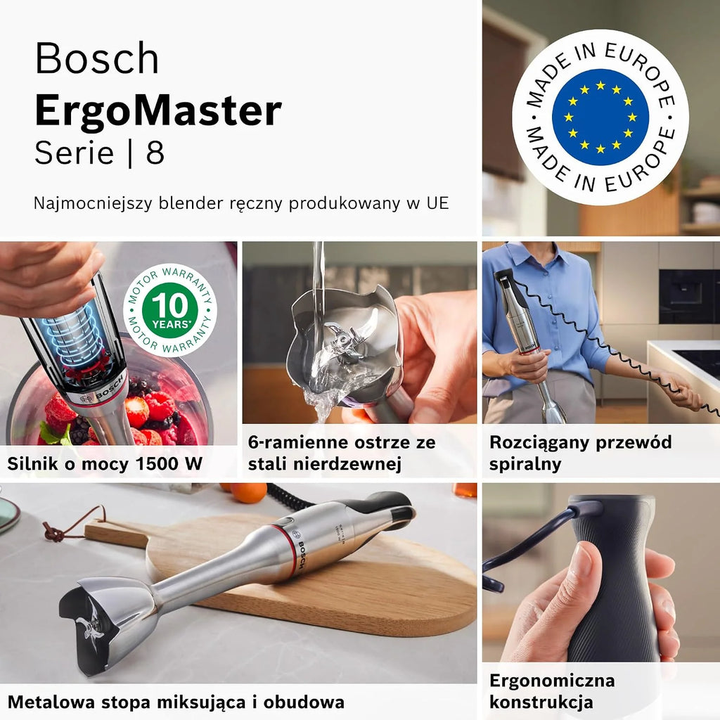 Bosch, blender ręczny, ErgoMaster Serie 8, silnik 1500 W, intuicyjna regulacja prędkości, 6-ramienne ostrze, akcesoria w zestawie, stal nierdzewna, MSM8M934