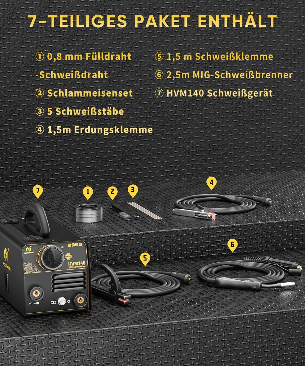 H HZXVOGEN Spawarka MIG 140A, 230V, spawarka rdzeniowa MIG/Lift TIG/Stick 3 w 1 z funkcją synergii, przenośna spawarka MIG bez gazu z inwertorem IGBT. Spawarka MIG dla początkujących (HVM140)