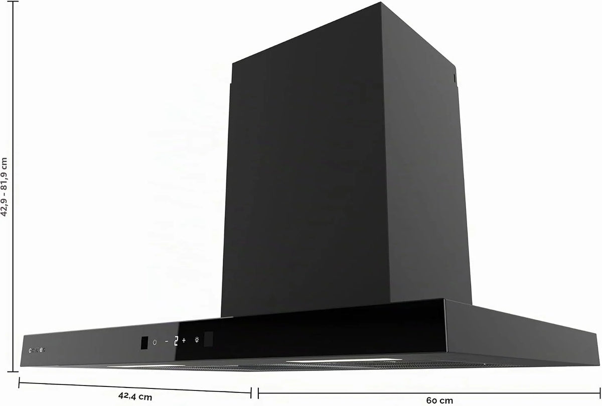 Cecotec Bolero Flux TT 604400 Black A++, okap kuchenny w kształcie litery T, 60 cm, moc ssania 413,3 m³/h, klasa A++, niewidoczne sterowanie dotykowe, sterowanie ręczne ruchem, funkcja Booster, filtr
