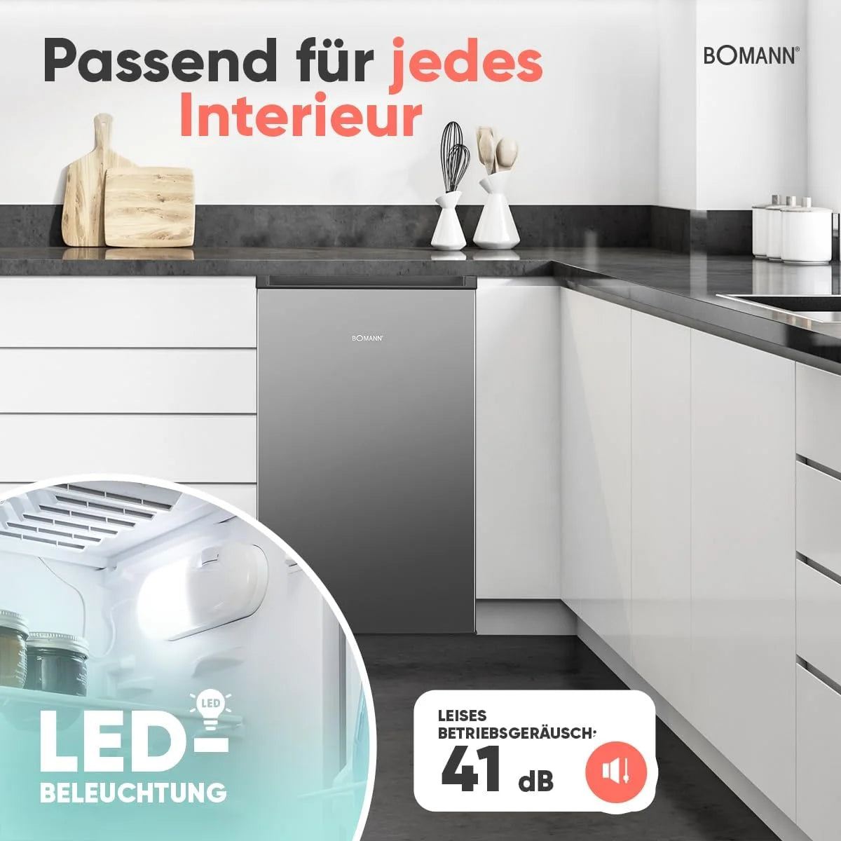 Lodówka Bomann® z zamrażalnikiem, 83 litry, Energooszczędna, cicha i kompaktowa, 0°C - 8°C, płynna regulacja temperatury, 2 półki i szuflada na warzywa, Oświetlenie LED