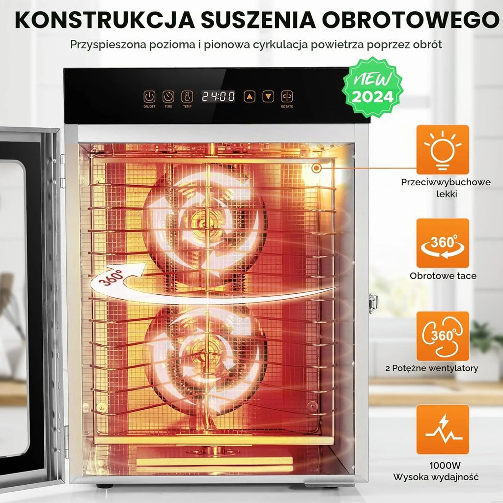 Kwasyo Suszarka ze stali nierdzewnej, podwójny wentylator 720°, wydajny osuszacz, 12 poziomów, zeszyt z przepisami na mięso, owoce, warzywa, zioła, 1000 W