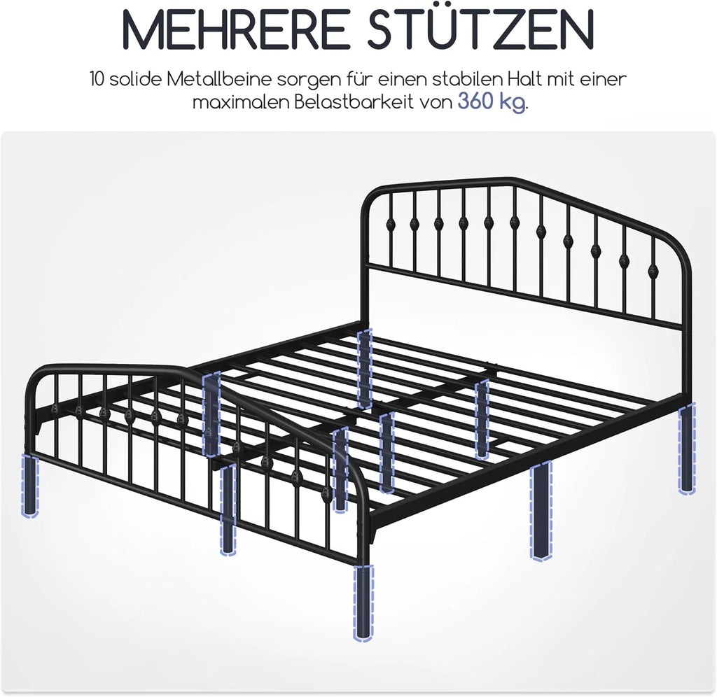 Yaheetech Rama łóżka 160 x 200 cm, metalowe łóżko w stylu vintage z zagłówkiem w kształcie korony, solidna rama łóżka podwójne łóżko wykonane z metalu, łóżko dla gości łóżko dzienne, czarne