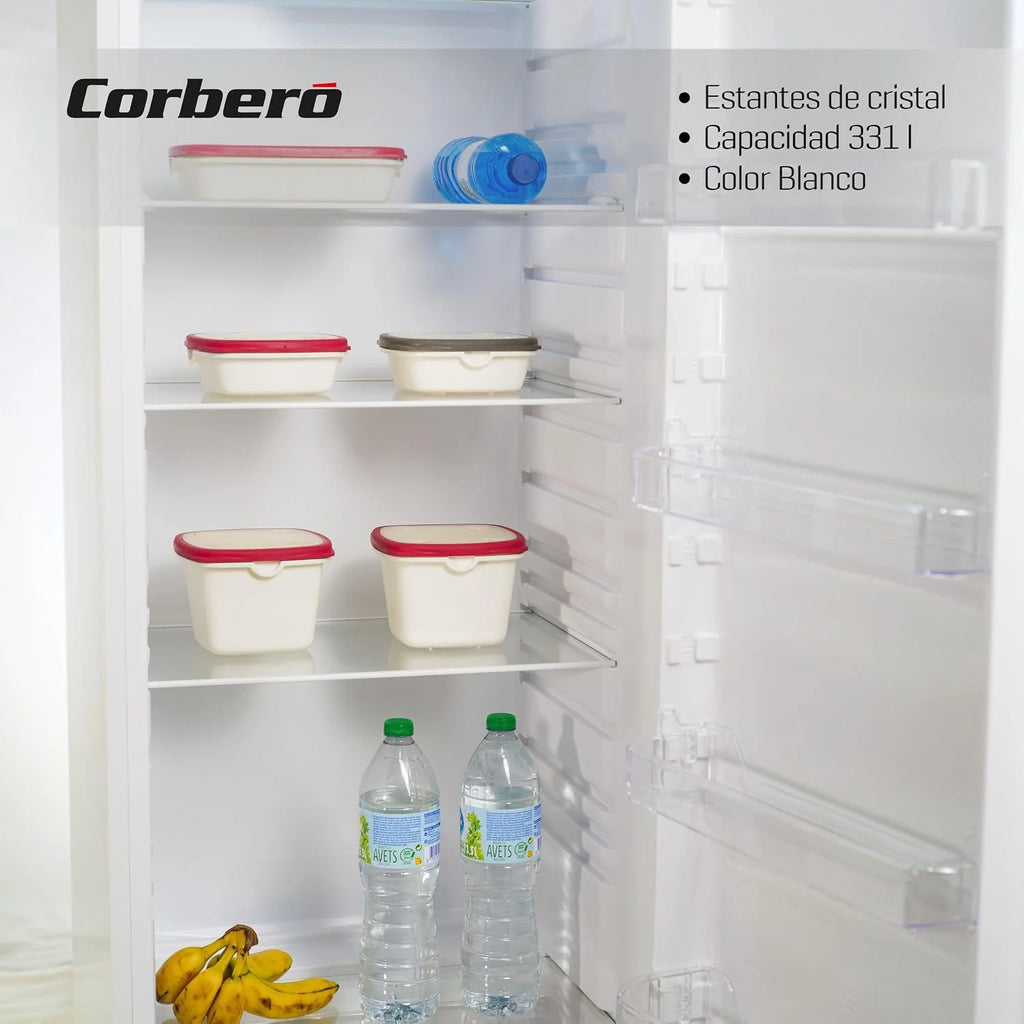Corbero – Lodówka 1-drzwiowa | CCLH17023W | 331L | 171,5 x 60 x 59 cm | Szuflada do ścinania | Szklane półki i jajko | Odwracalne drzwi | Nogi poziomujące | biały