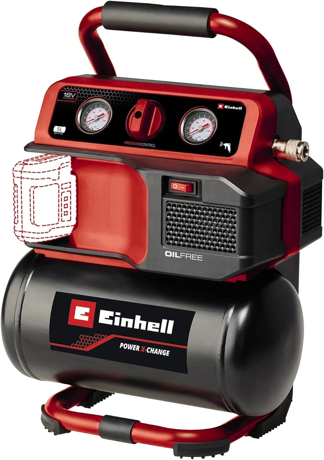 Einhell Kompresor akumulatorowy TE-AC 18/75 Li OF-Solo Power X-Change (18 V, maks. 8 bar, 5 l zbiornik, moc ssania 75 l/min, 2 manometry, bezolejowy, bez akumulatora)