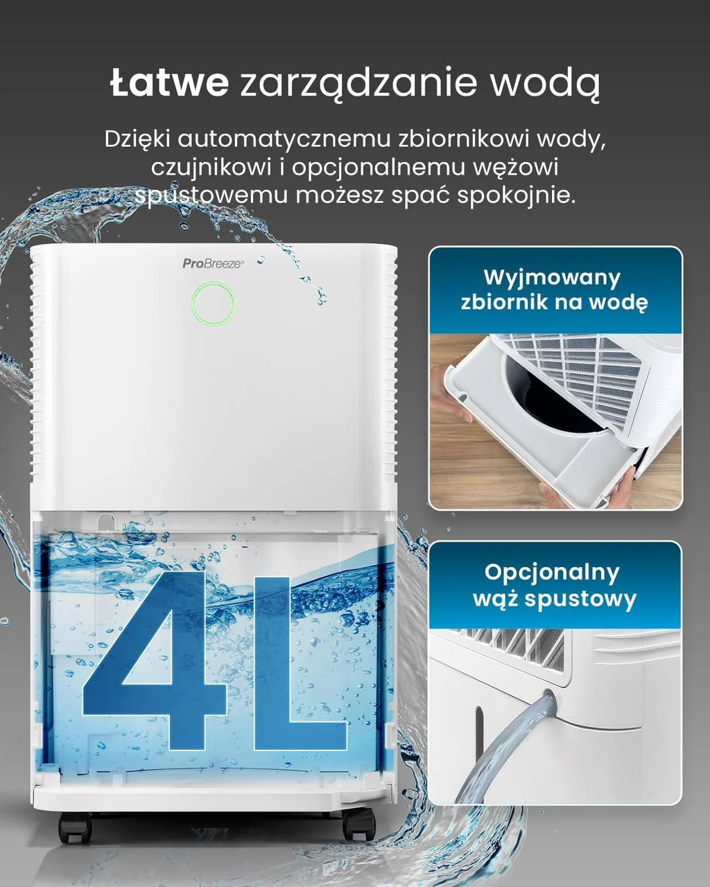 Inteligentny osuszacz kompresorowy Pro Breeze 20 l/dobę ze zbiornikiem na wodę o pojemności 4 l, funkcją suszenia prania i automatycznym czujnikiem wilgotności - usuwanie pleśni z 24-godzinnym wyłączn