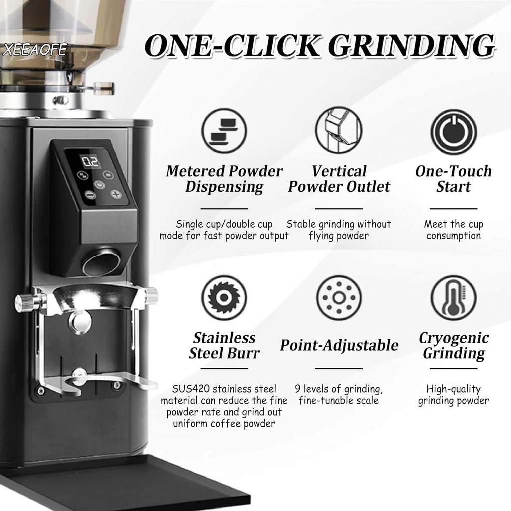 Elektryczny Komercyjny Młynek do Kawy, Elektryczny Płytkowy Młynek do Kawy z Ustawieniami Ekranu Dotykowego, Ekspres do Espresso z Dużym Zasobnikiem 1Lb/453g Black