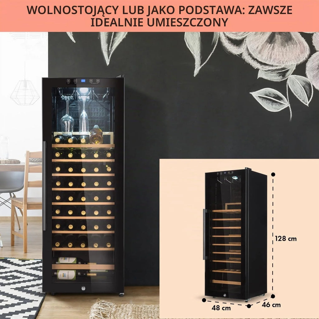 Klarstein Piwnica na wino, 54 butelki, piwnica do serwowania ze zdejmowanymi drewnianymi półkami, szklane drzwi, sterowanie dotykowe, wyświetlacz LCD, oświetlenie wewnętrzne, temperatura 5-18°C