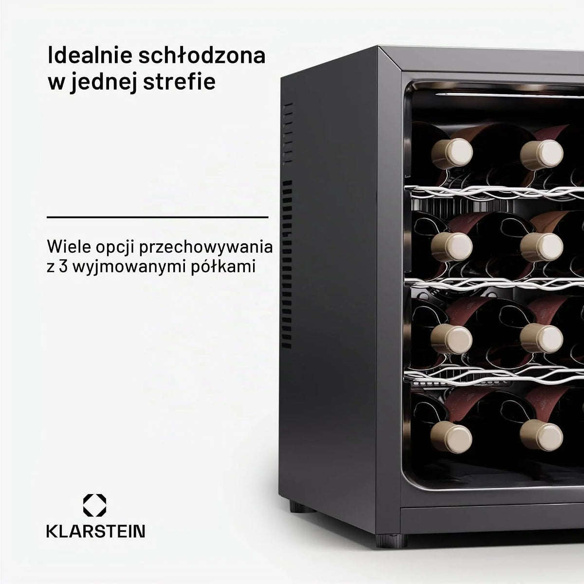 Klarstein Wolnostojąca lodówka na wino 1 strefa, mała lodówka na napoje, mała szafka na wino, mała chłodziarka do wina ze szklanymi drzwiami, lodówka na butelki do użytku wewnętrznego/zewnętrznego