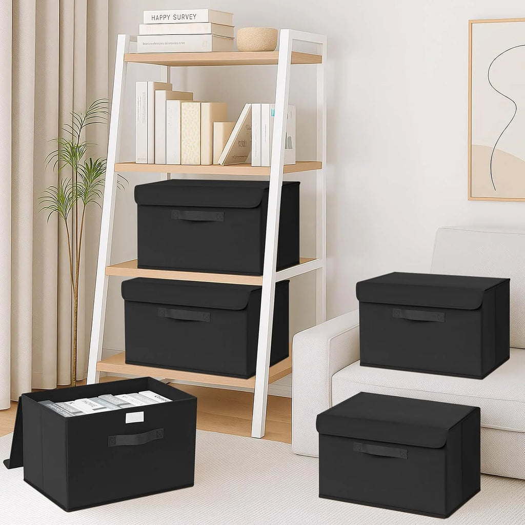 Homsorout Pudełka do przechowywania z pokrywkami - zestaw 4 składanych pojemników z uchwytami, pudełka do szafy, 38 x 25 x 25 cm Organizery na ubrania, półki, czarne