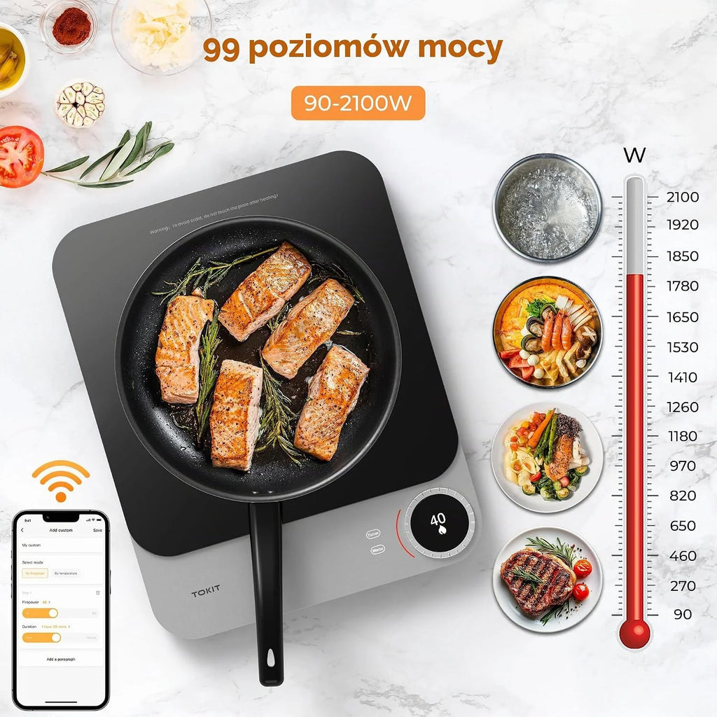 TOKIT Indukcyjna płyta grzewcza 2100 W ze sterowaniem przez aplikację, 99 poziomów mocy, ultra cienka kuchenka indukcyjna (20 mm), przenośna kuchenka indukcyjna do gotowania i biwakowania (aplikacja)