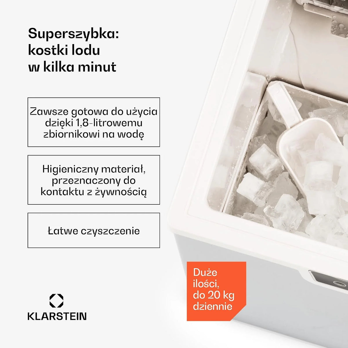 Klarstein Kostkarka do lodu Mała, 3L wytwornica lodu, Kostkarka na 20kg kruszonego i kostek, Mini Średniej wielkości kostki, Samoczyszcząca wytwornica