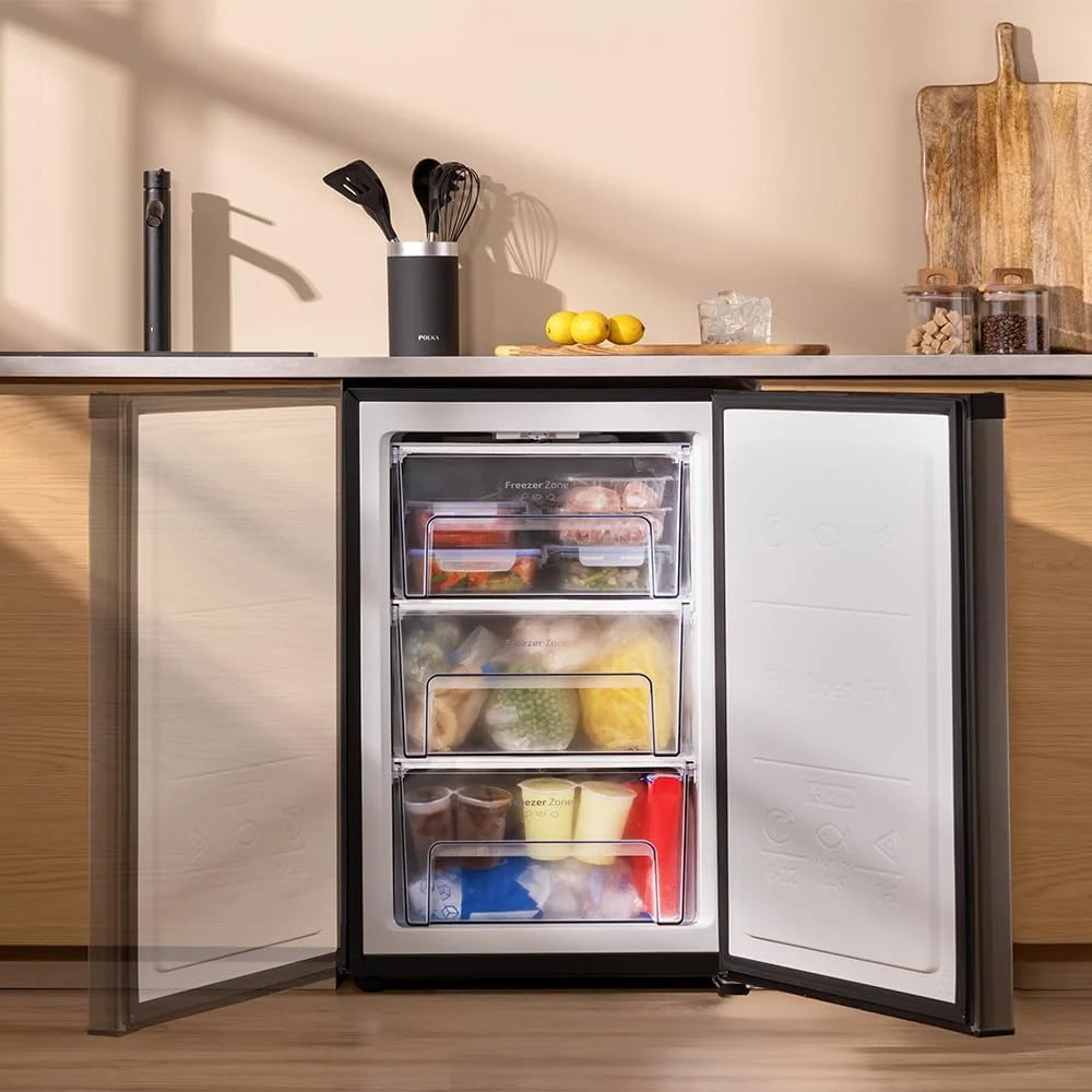 Cecotec Zamrażarka Szafa 97 L Bolero CoolMarket TF 97 Stal nierdzewna. Klasa energetyczna E, Kompaktowa konstrukcja, drzwi odwracalne, 3 szuflady, wymiary 55,1 x 57,5 x 83,5 cm, Kolor nierdzewna