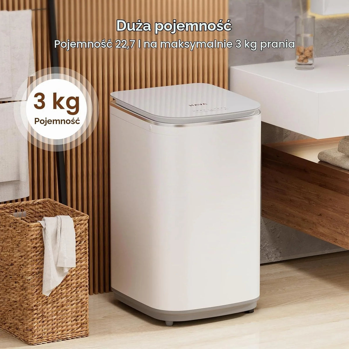 HAVA Mini pralka, pojemność 3 kg, mała pralka i wirówka, w pełni automatyczna, z 8 programami, funkcja prania na gorąco i pompa odpływowa, oszczędność miejsca w mieszkaniu, mieszkaniu i kamperze
