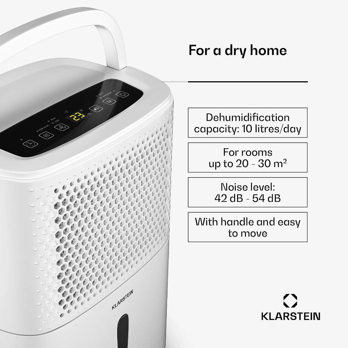 Osuszacz powietrza Klarstein DryFy 10L - 240 W, 10 l/dzień, zbiornik 1,8 l, cichy 42 dB, automatyczne osuszanie, timer, do domu, sypialni, łazienki, biały