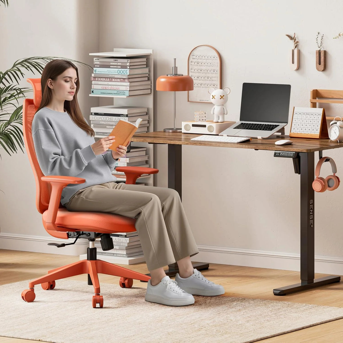 SENSE7 Fotel Biurowy Gamingowy Ergonomiczny Krzesło Obrotowe Biurowe Regulowany dla Home Office Graczy 150kg Oddychająca Tkanina Regulowany Zagłówek z Podparciem Podłokietnikami 3D - MOYO Pomarańcz