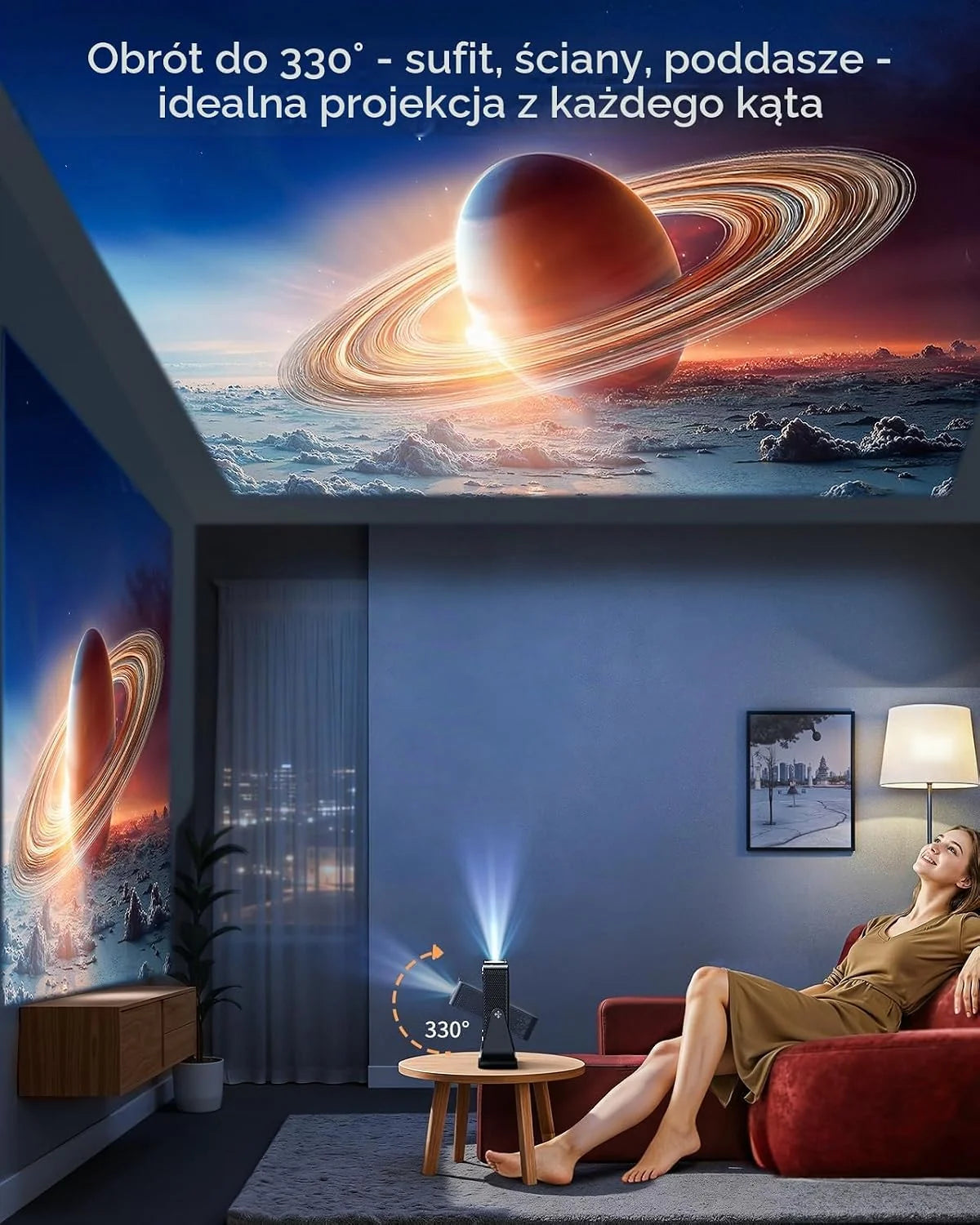Inteligentny rzutnik (kompatybilny z Netflix/Live TV/obracany o 330°】 Mini projektor 4K z autofokusem / korekcją trapezu 6D, mini projektor 4K 1080p Full HD WiFi6 i Bluetooth do kina domowego