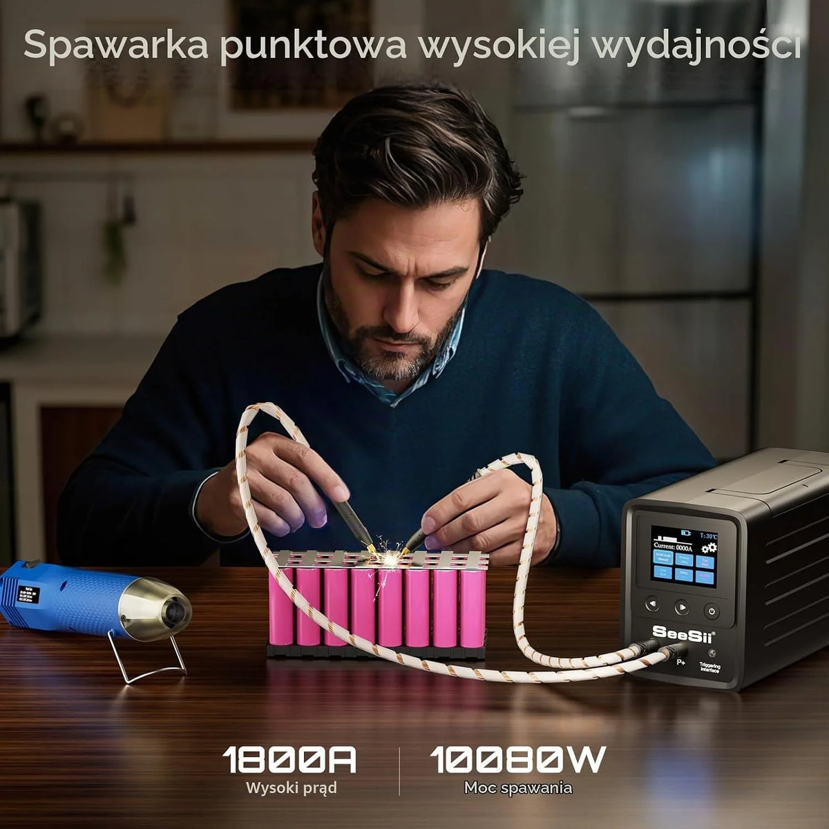 SEESII Spawarka punktowa do akumulatorów z kondensatorami: spawarka 10080W z zestawem pistoletów do wytwarzania ciepłego powietrza, spawarka punktowa do 0,1-0,5 mm niklowanych pasków, 999 przekładni