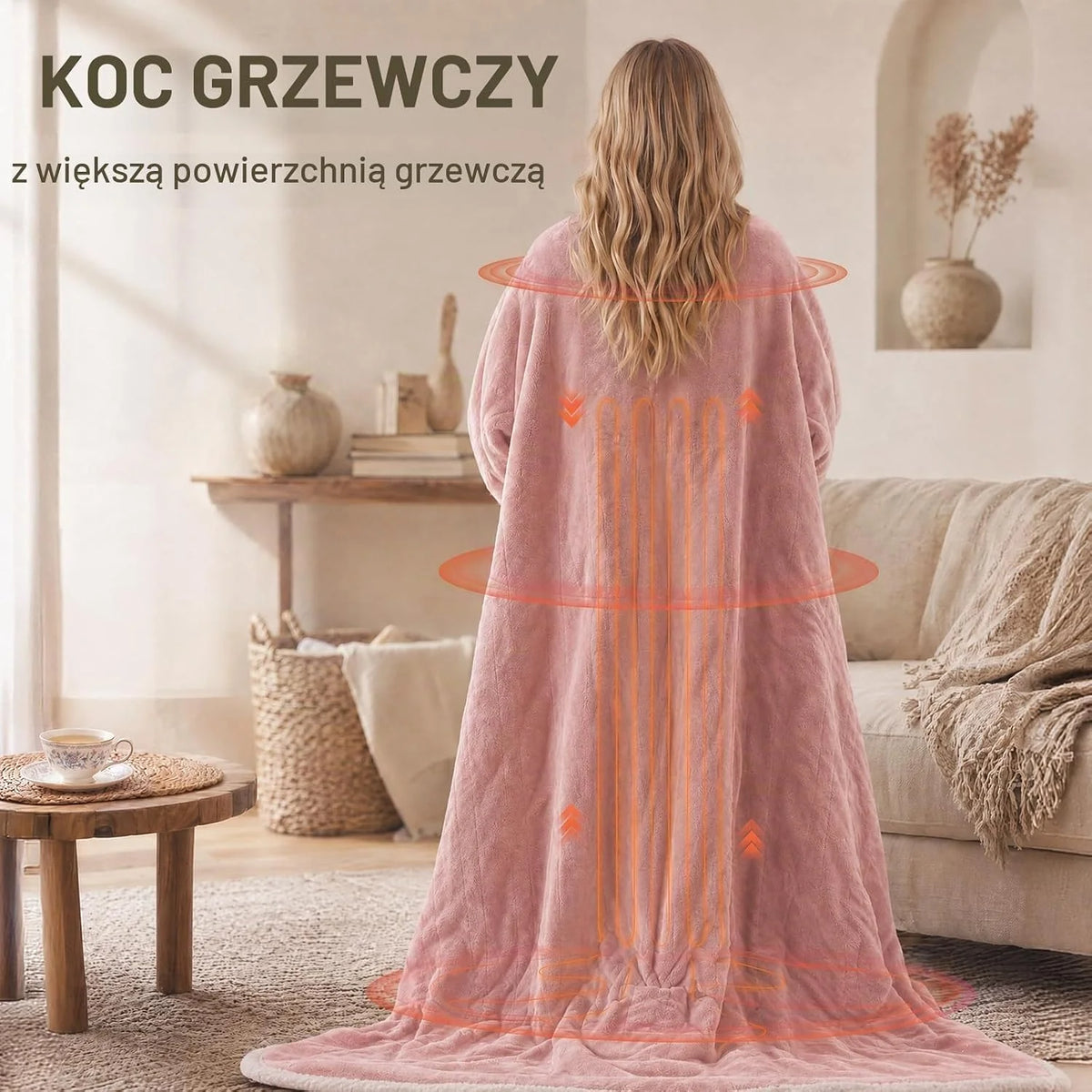 Przenośny koc grzewczy z rękawami, elektryczny koc termiczny z kieszenią na nogi, 6 stopni grzania i 2~10 godzin, automatyczne wyłączanie, różowy, 127 x 177,8 + 45,7 cm