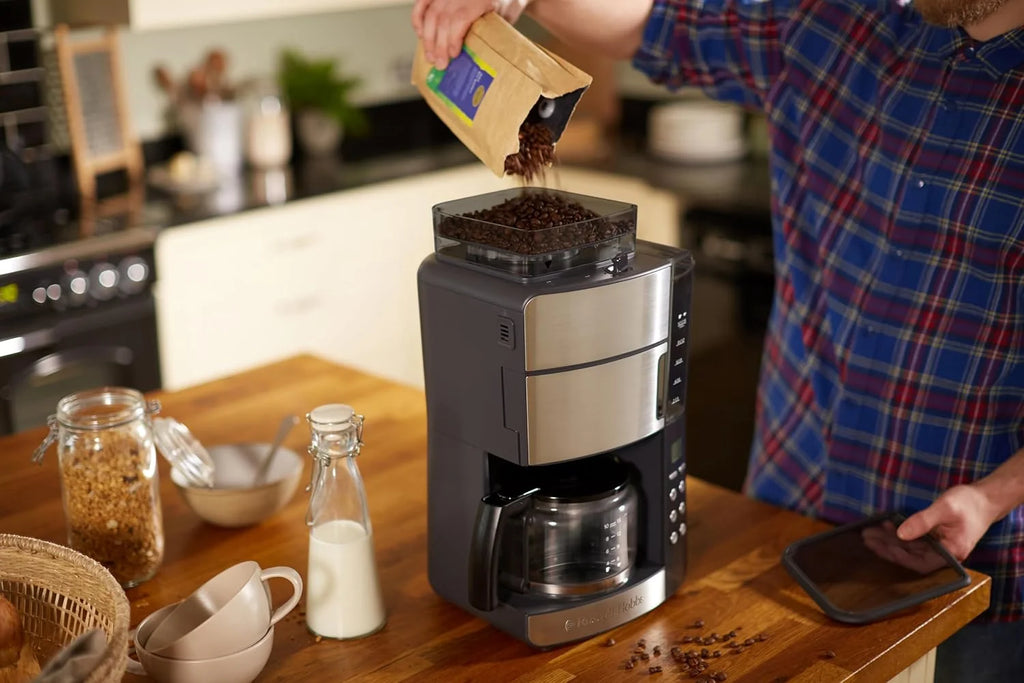 Russell Hobbs ekspres do kawy, wbudowany młynek, regulacja mocy zaparzenia kawy, programowalny timer, podtrzymywanie temperatury, pojemność 1,25l, moc 1000W, srebrny, Grind&Brew 25610-56