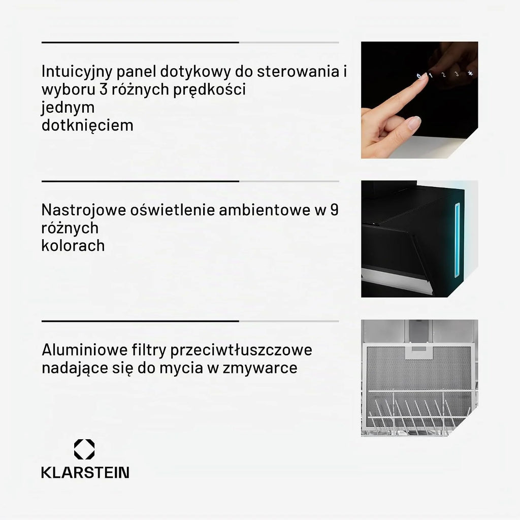 Klarstein Alina Okap kuchenny skośny – 60 cm, przepływ 600 m³/h, panel dotykowy, podświetlenie LED, cichy 68 dB, klasa energetyczna A, czarny, tryb wyciągu i recyrkulacji