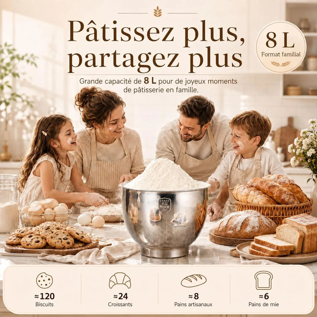 Mikser pionowy Timer, 2000 W, pojemność 8L, 11 prędkości regulowanych. Intell., Fermentacja Temp. stała, 5 funkcji wstępnych, 6 przyssawek punktowych, 6 akcesoriów, uruchamianie jednym kliknięciem