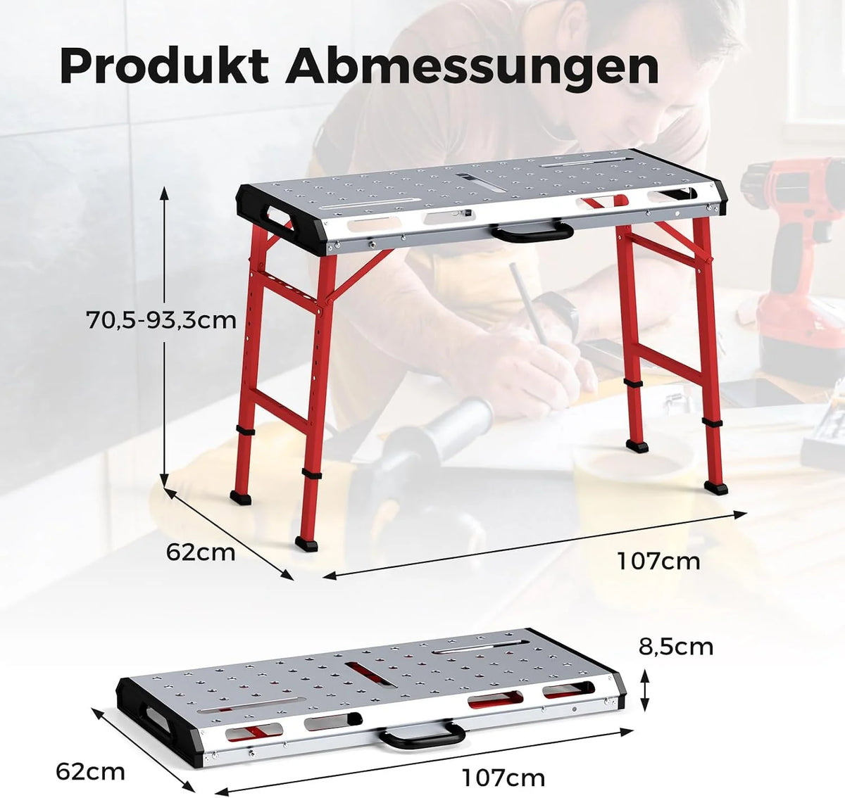 COSTWAY stół warsztatowy składany, stół roboczy z regulacją wysokości 107 x 53 cm z udźwigiem 450 kg, stół spawalniczy warsztatowy z 2 uchwytami zaciskowymi i uchwytem transportowym, stół narzędziowy