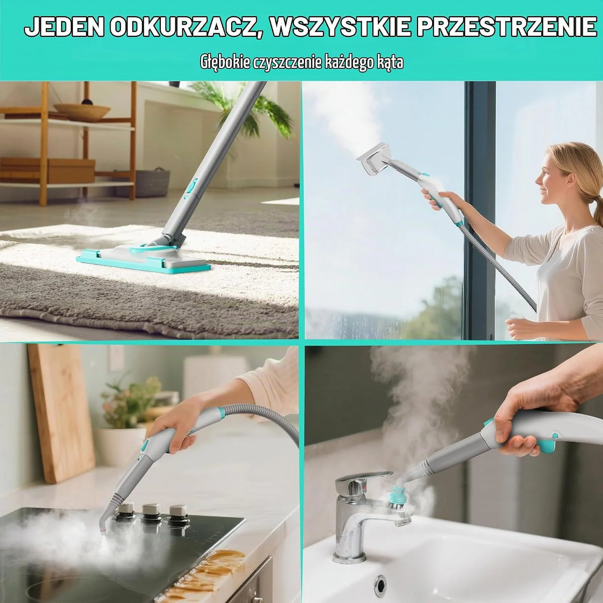 HAUSHOF Myjka parowa 2000 W, ze zbiornikiem 1,5 l, maks. ciśnienie pary 4 ,0 bar, czas nagrzewania 8 min, czas parowania do 30 min, w zestawie 16 akcesoriów i kabel zasilający 3 m, do podłóg, dywanów