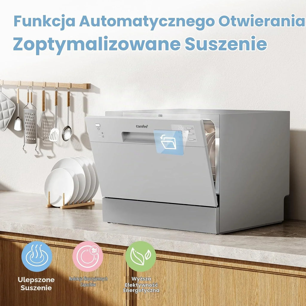 COMFEE Kompaktowa zmywarka CDWMT0602ESD-EU mini zmywarka z 6 sztućcami, 6 programów, klasa D, wyświetlacz LED, opóźniony start, intensywny cykl H-TEMP do 70°C, poziom hałasu 47 dB - srebrna