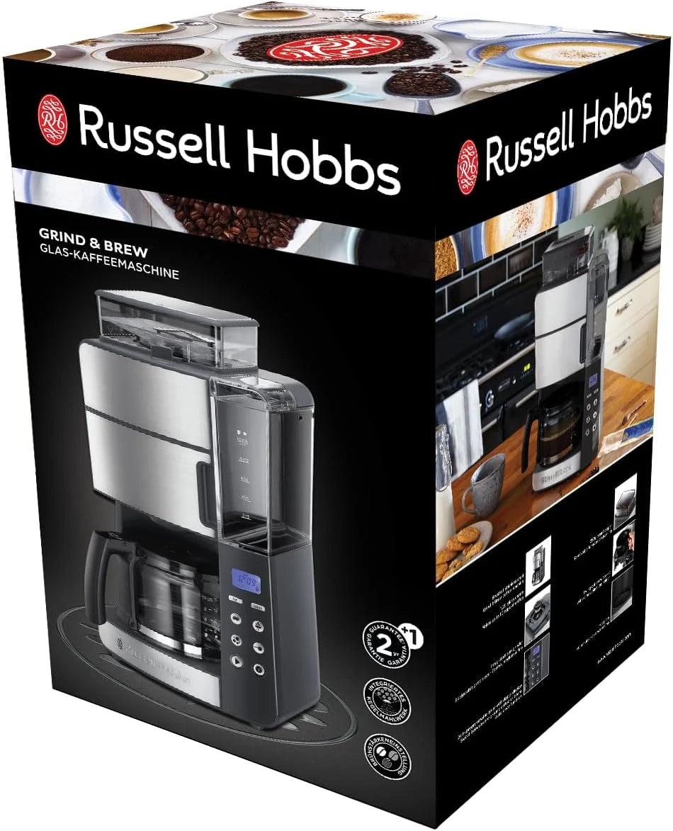 Russell Hobbs ekspres do kawy, wbudowany młynek, regulacja mocy zaparzenia kawy, programowalny timer, podtrzymywanie temperatury, pojemność 1,25l, moc 1000W, srebrny, Grind&Brew 25610-56