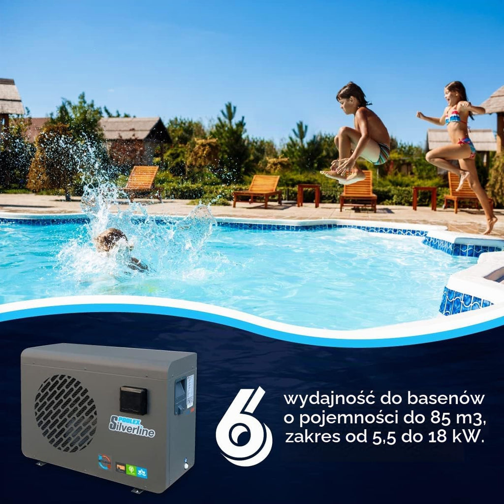 POOLEX - PC-SLP055 Silverline 55 - Cicha i ekonomiczna pompa ciepła basenowa - Wszystkie rodzaje basenów - Sprężarka o wysokiej wydajności - 5,5kW - Pojemność umywalki od 20 do 30m3